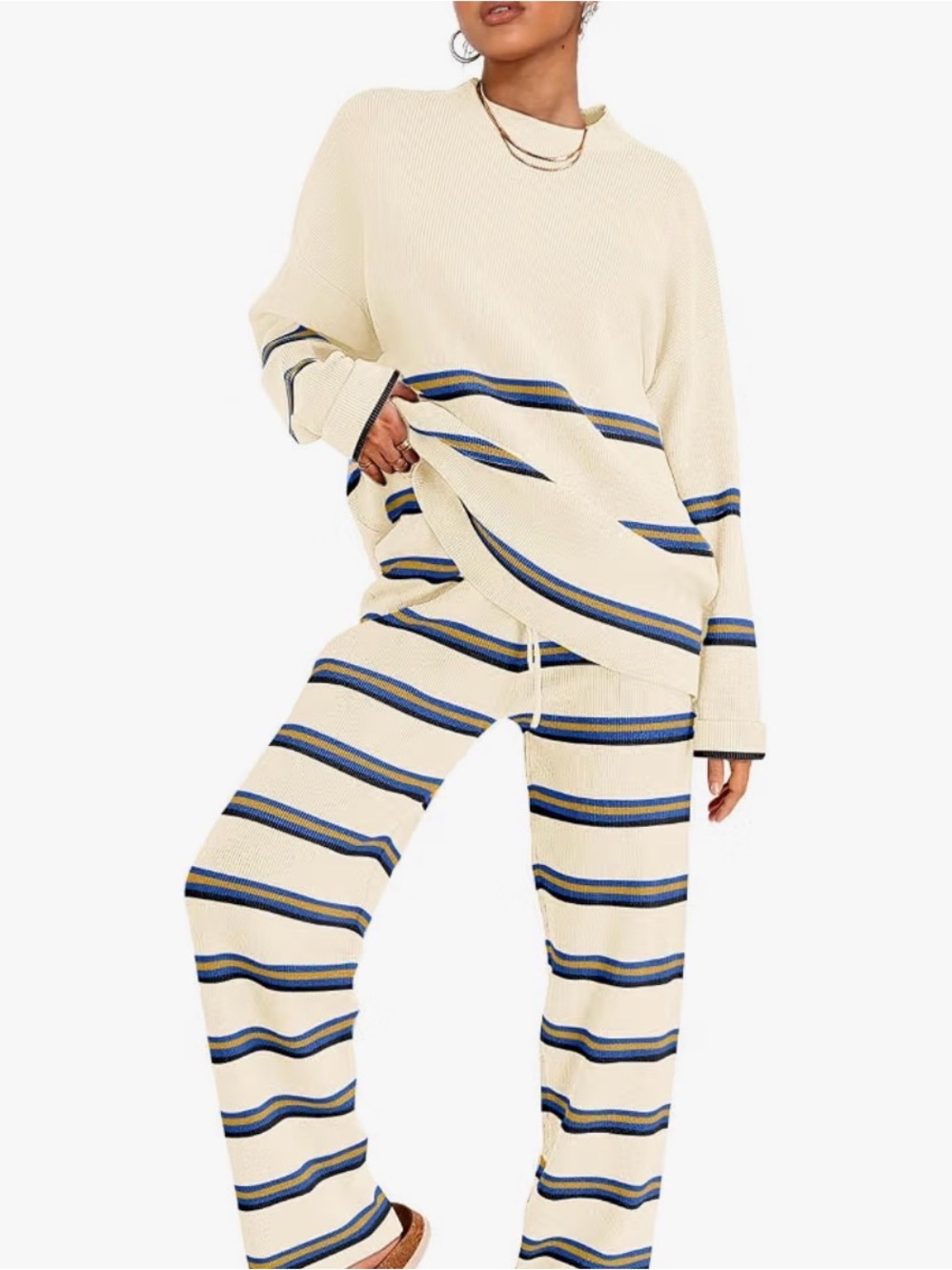 Cream Wide-Leg Knit Pants with Blue & Navy Stripes